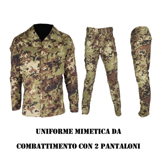 Completo Uniforme Mimetica da Combattimento Antistrappo Policotone Vegetato con 2 Pantaloni